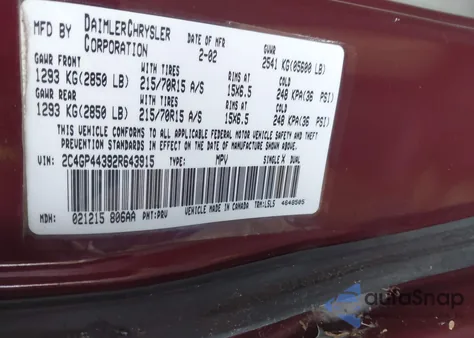 2002 Chrysler Town & Country Lx z USA, uszkodzony, nr VIN 2C4GP44392R643915